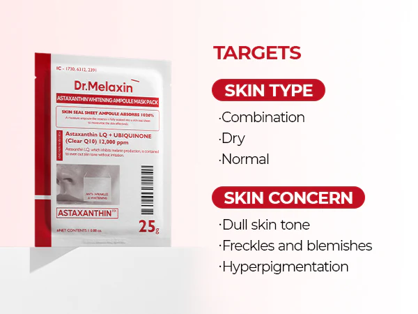 DR.MELAXIN ASTAXANTHIN BRIGHTENING AMPOULE MASK Rozjaśniające maseczki w płachcie z astaksantyną 5x25 ml - Image 5