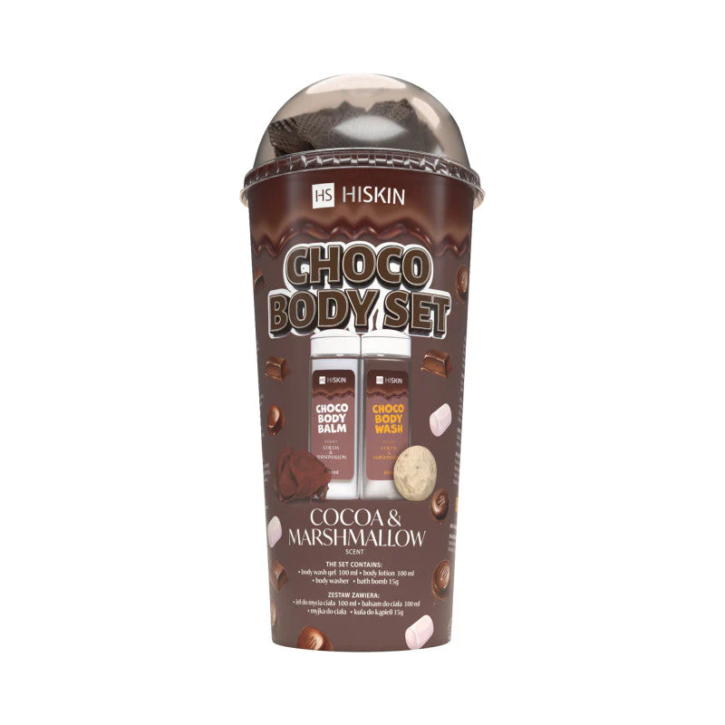 HISKIN BODY CHOCO SET Zestaw kąpielowy w tubie żel do mycia ciała 100 ml+balsam do ciała 100 ml+myjka+kula 15 g