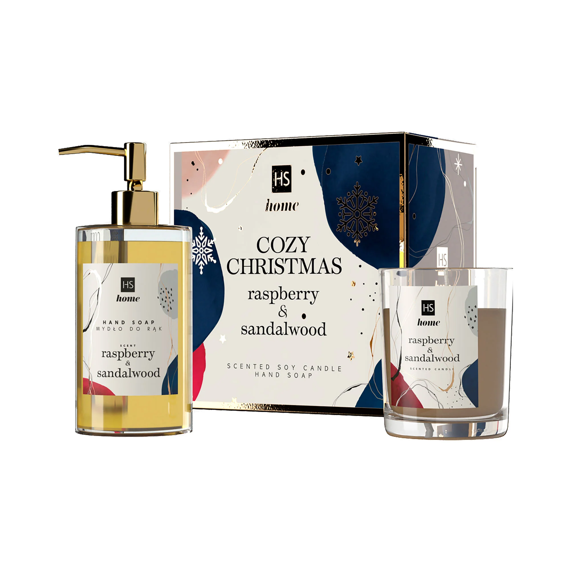 HISKIN HOME COZY CHRISTMAS Zestaw mydło do rąk 250 ml + naturalna świeca zapachowa Raspberry&Sandalwood