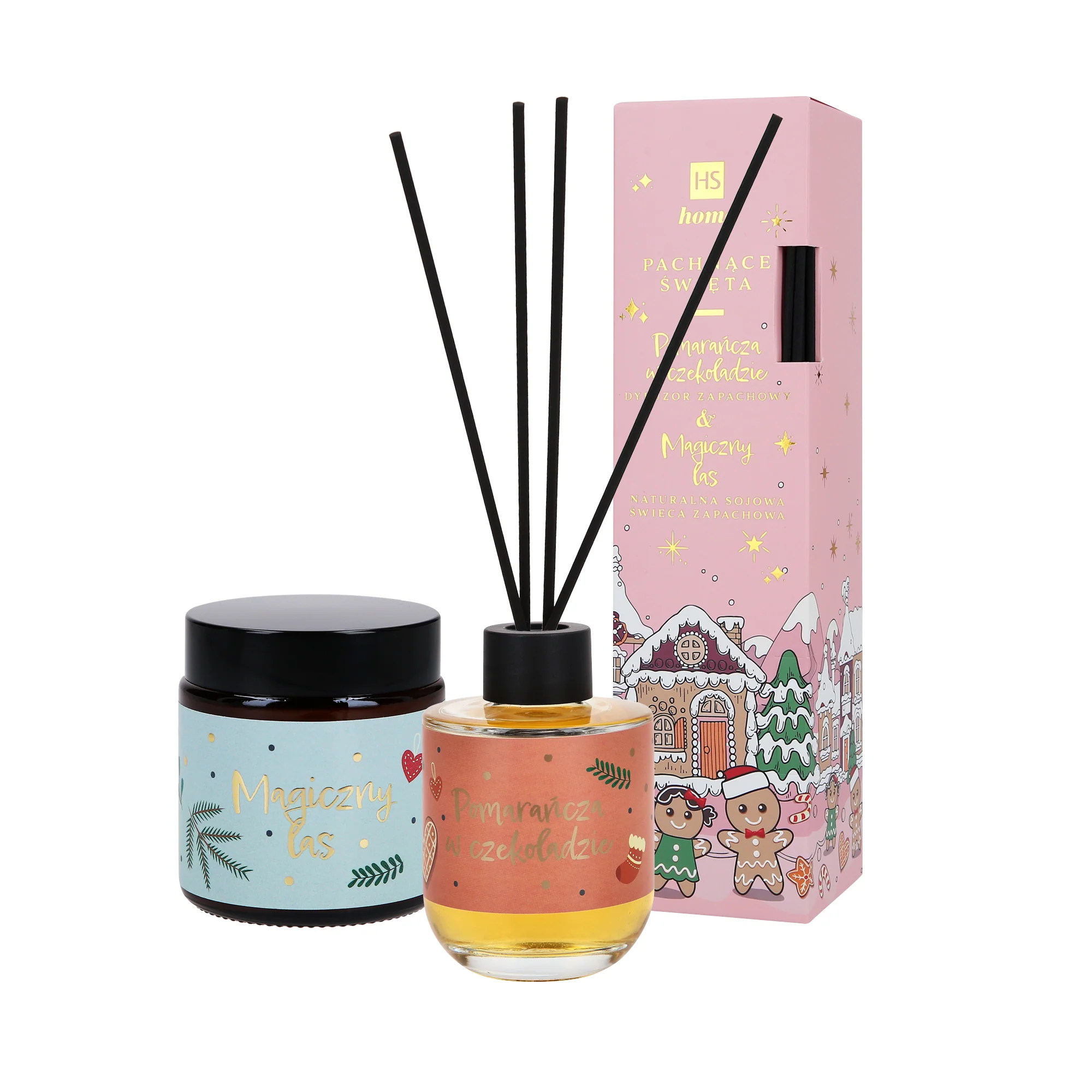HISKIN HOME PACHNĄCE ŚWIĘTA Dyfuzor zapachowy pomarańcza w czekoladzie 80 ml + sojowa świeca zapachowa magiczny las 100 ml