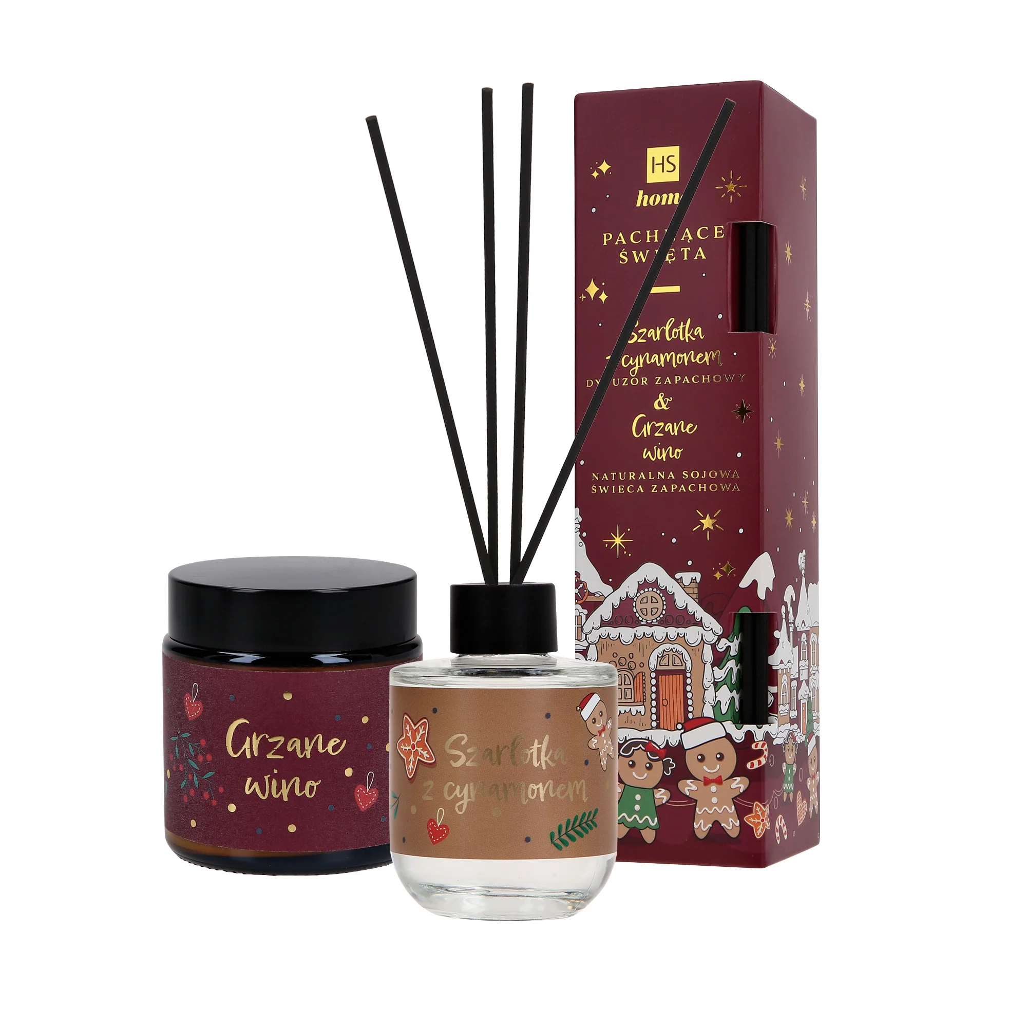 HISKIN HOME PACHNĄCE ŚWIĘTA Zestaw dyfuzor zapachowy szarlotka z cynamonem 80 ml + naturalna świeca sojowa grzane wino 100 ml