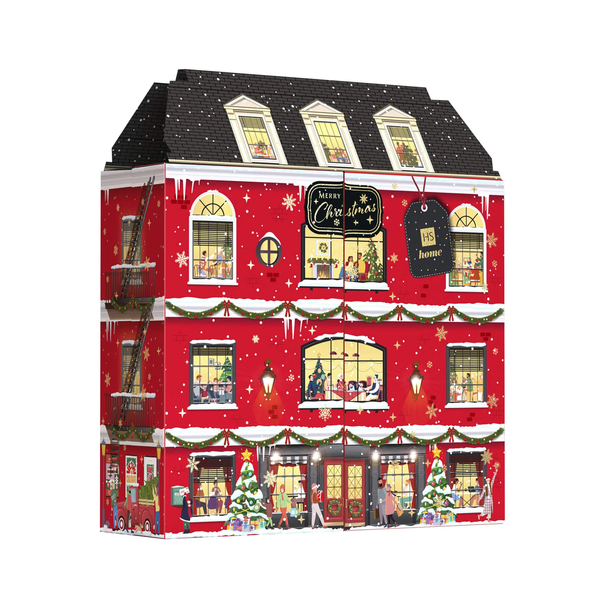 HISKIN MERRY CHRISTMAS HOME Kalendarz adwentowy ze świątecznymi świecami z motywem kamienicy, 24 okienka