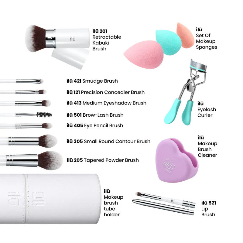 ilū Beauty Influence – 13-częściowy zestaw pędzli do makijażu z kompletem gąbek, tubą, czyścikiem i zalotką - Image 2