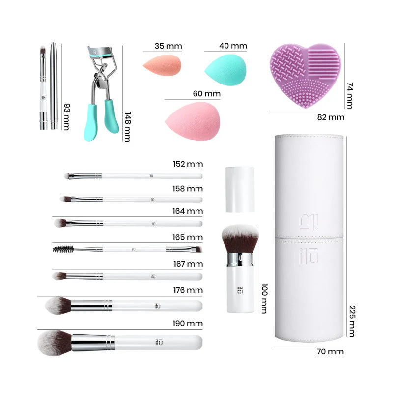ilū Beauty Influence – 13-częściowy zestaw pędzli do makijażu z kompletem gąbek, tubą, czyścikiem i zalotką - Image 3