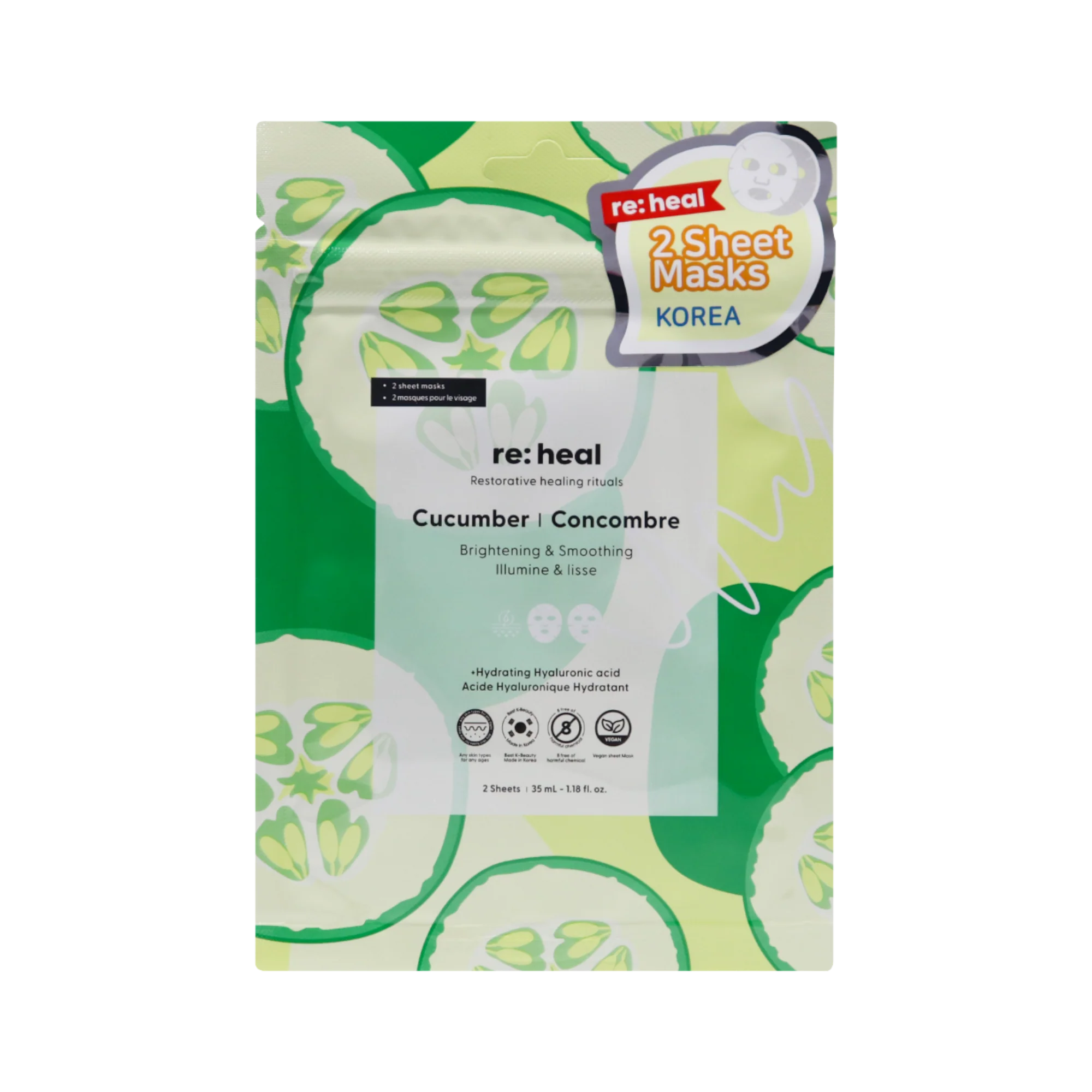 RE:HEAL CUCUMBER Maseczka w płachcie – rozświetlenie i wygładzenie 35 ml (2 szt.)