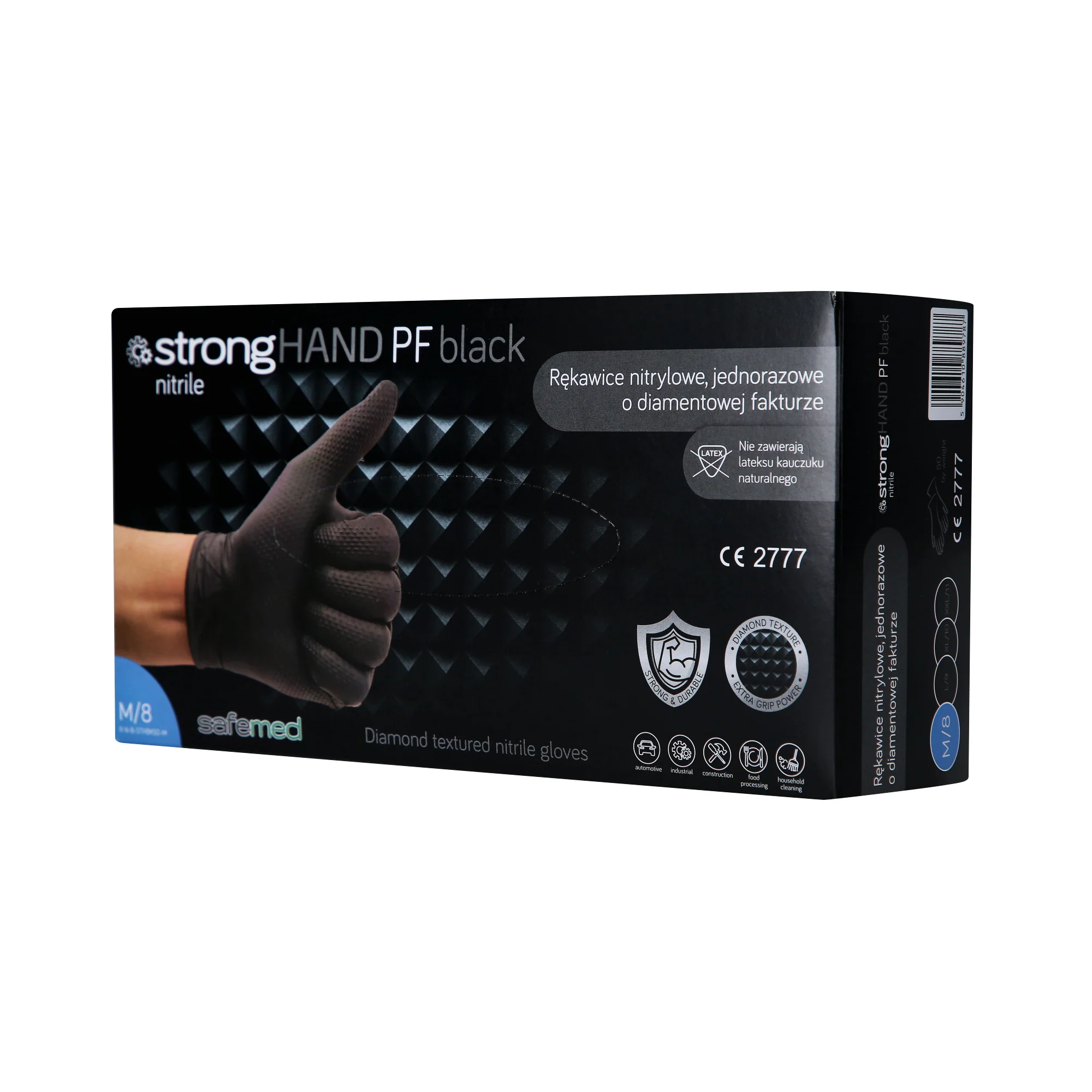 SAFEMED STRONG HAND PF Mocne rękawiczki jednorazowe nitrylowe o diamentowej fakturze Black M 50 szt.